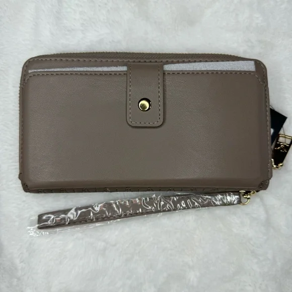 Badgley Mischka Long Taupe Wallet with Phone Pocket & Wrislet - Picture 2 of 8
